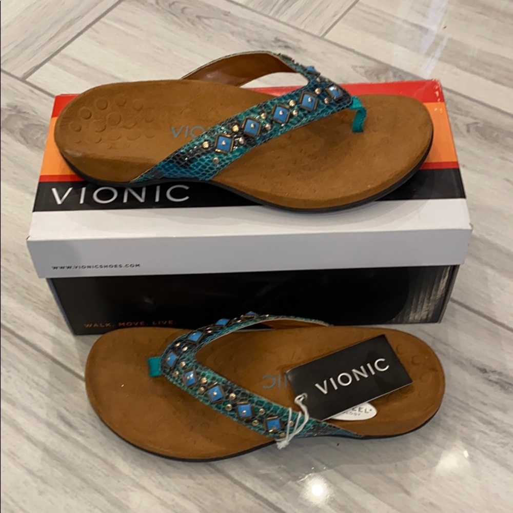 Vionic Rest Floriana Flip Flops Sz 5 in Teal Snake